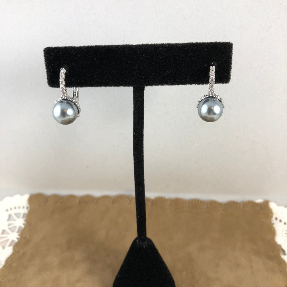 14K White Gold Plated Gray Pearl & Crystals Hoops